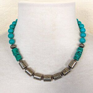 Rustic Southwestern Turquoise Blue & Gold Pyrite Statement Necklace